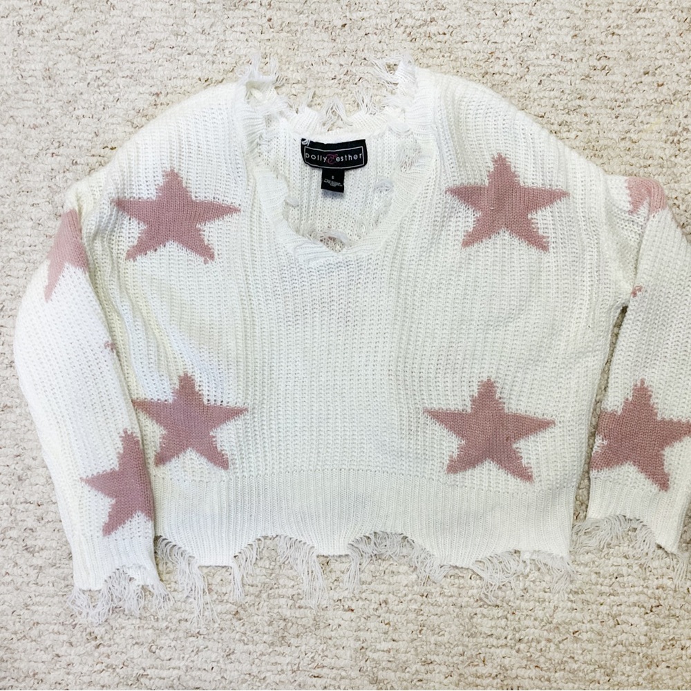 Women’s Polly & Esther Small White and Pink Stars Oversized Distressed Sweater